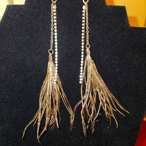 Long Statement Feather and Rhinestone Earrings